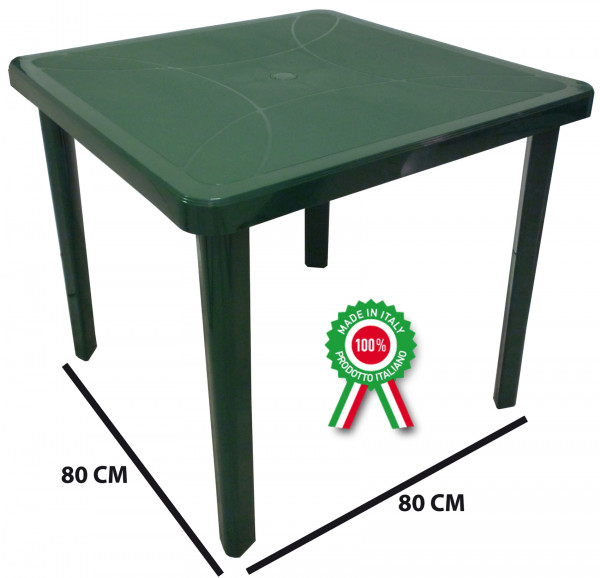 Tavolo quadrato 80x80 Nettuno in dura resina di plastica verde con foro per  ombrellone