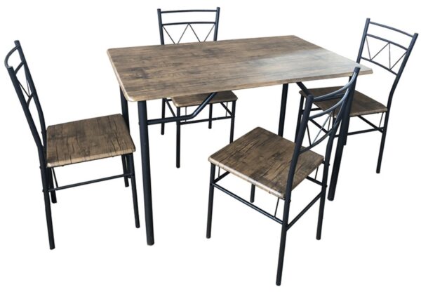 Set completo da pranzo tavolo con 4 sedie in ferro e metallo mdf colorazione finto legno