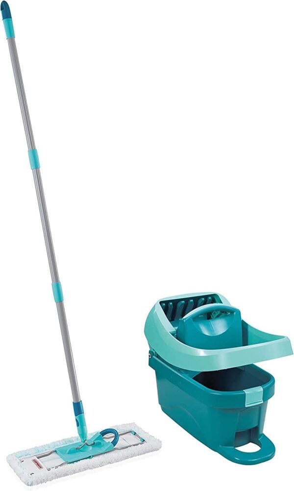 Leifheit Pressa Profi Xl Set Lavapavimenti, Mop Lavapavimenti Con Strizzatore Incorporato, Mop Set Con Rotazione Scopa A 360° E Secchio Con Rotelle, Turquoise, 49 x 29 x 38 cm