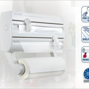 Leifheit Parat F2 ComfortLine Portarotoli per 3 rotoli, Taglia rotoli con ripiano portaspezie, Portarotolo cucina carta, pellicola, alluminio, bianco