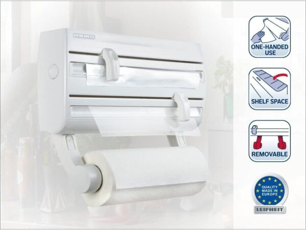 Leifheit Parat F2 ComfortLine Portarotoli per 3 rotoli, Taglia rotoli con ripiano portaspezie, Portarotolo cucina carta, pellicola, alluminio, bianco