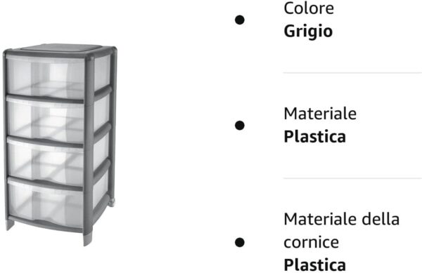 Mobile cassettiera grigia 4 cassetti trasparenti alti in dura plastica di resina da bagno camera ripostiglio porta tutto