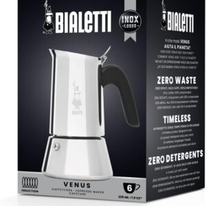 Bialetti Caffettiera New Venus 6 Tazze, Manico Anti Scottatura, Adatta A Induzione, 6 Tazze (235 Ml), Acciaio 18/10, Argento, ‎13 x 11 x 21.5 cm 540 grammi