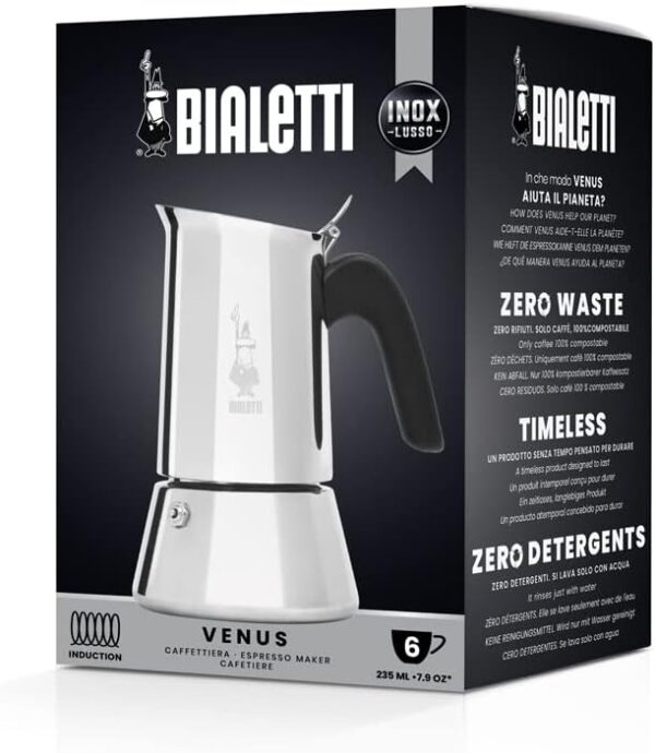 Bialetti Caffettiera New Venus 6 Tazze, Manico Anti Scottatura, Adatta A Induzione, 6 Tazze (235 Ml), Acciaio 18/10, Argento, ‎13 x 11 x 21.5 cm 540 grammi