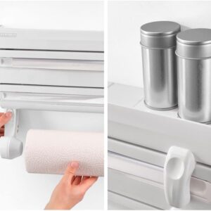 Leifheit Parat F2 ComfortLine Portarotoli per 3 rotoli, Taglia rotoli con ripiano portaspezie, Portarotolo cucina carta, pellicola, alluminio, bianco