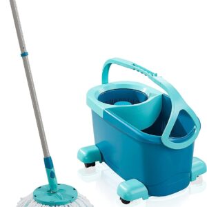 Leifheit Set Clean Twist Disc Mop Ergo mop pavimenti turchese, Lavapavimenti professionale flessibile a 360°, Mop rotante con manico regolabile e rotelle