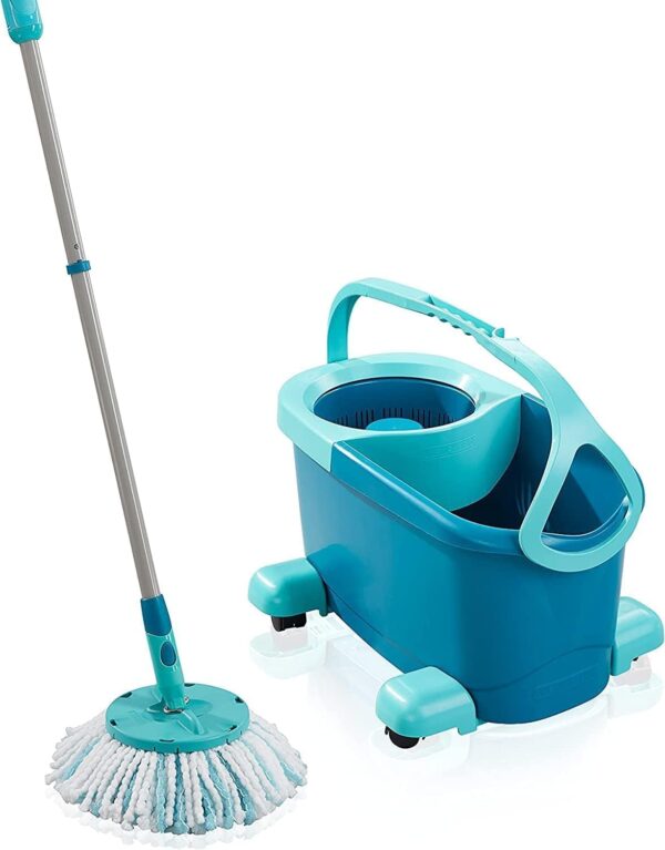 Leifheit Set Clean Twist Disc Mop Ergo mop pavimenti turchese, Lavapavimenti professionale flessibile a 360°, Mop rotante con manico regolabile e rotelle