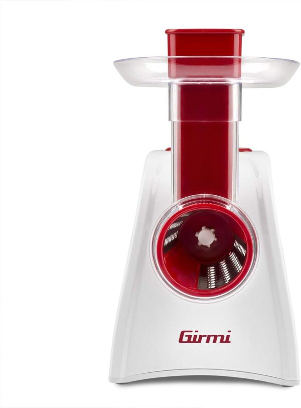 Girmi GT45 Affettaverdure e Grattugia, Accessorio porta rulli, 5 Rulli Inox, 150 W, Completamente smontabile, Bianco/Rosso