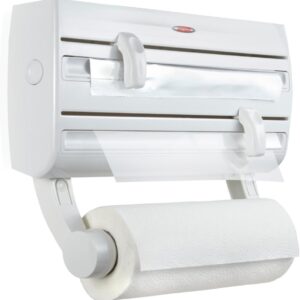 Leifheit Parat F2 ComfortLine Portarotoli per 3 rotoli, Taglia rotoli con ripiano portaspezie, Portarotolo cucina carta, pellicola, alluminio, bianco