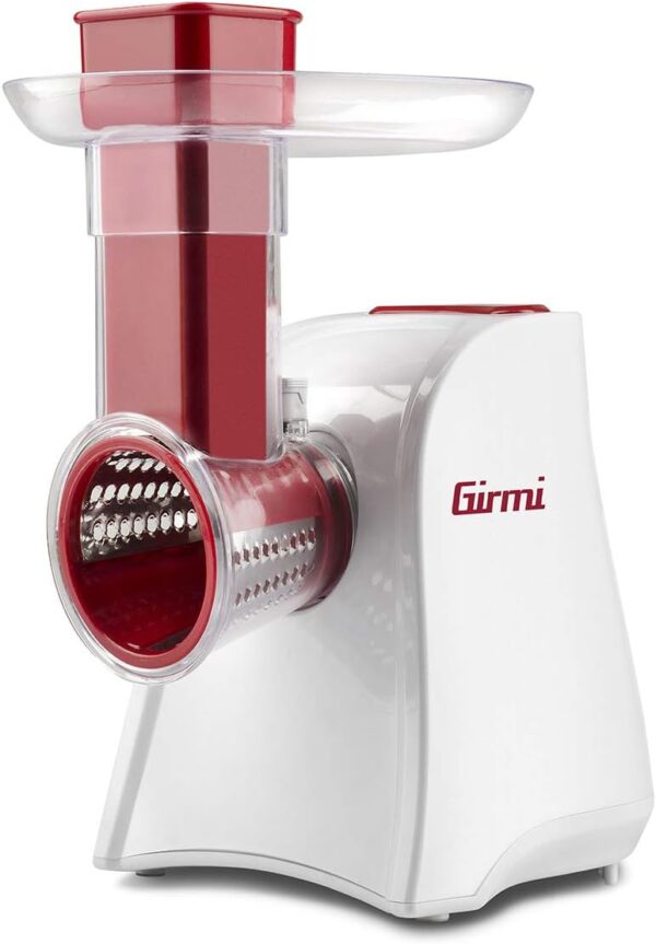 Girmi GT45 Affettaverdure e Grattugia, Accessorio porta rulli, 5 Rulli Inox, 150 W, Completamente smontabile, Bianco/Rosso