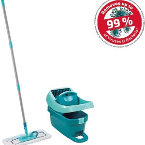 Leifheit Pressa Profi Xl Set Lavapavimenti, Mop Lavapavimenti Con Strizzatore Incorporato, Mop Set Con Rotazione Scopa A 360° E Secchio Con Rotelle, Turquoise, 49 x 29 x 38 cm