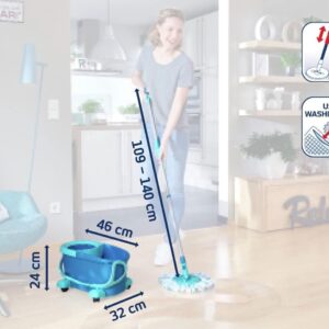 Leifheit Set Clean Twist Disc Mop Ergo mop pavimenti turchese, Lavapavimenti professionale flessibile a 360°, Mop rotante con manico regolabile e rotelle