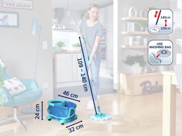 Leifheit Set Clean Twist Disc Mop Ergo mop pavimenti turchese, Lavapavimenti professionale flessibile a 360°, Mop rotante con manico regolabile e rotelle