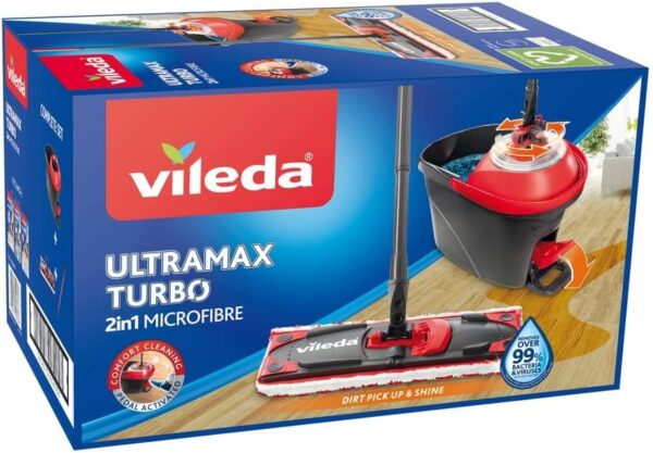 Sistema lavapavimenti Vileda Ultramax Turbo, Adatto a tutti i pavimenti, Forza pulente della microfibre, Lavabile in lavatrice fino a 60 °C