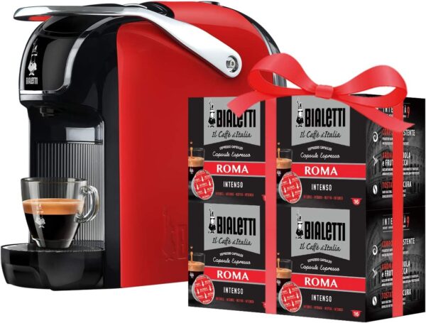 Bialetti New Break - Macchina Caffè Espresso a Capsule in Alluminio con Sistema Bialetti il Caffè d'Italia, Design Compatto, Rosso, Include 64 Capsule In Omaggio