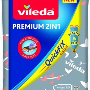 Vileda Premium 2 in 1 Copriasse da Stiro Universale, Termoriflettente, 3 Strati, Imbottito, Cotone metallizzato, 30-45 cm x 110-130 cm, Grigio/Argento