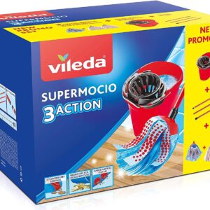 Vileda SuperMocio Box, Sistema Lavapavimenti, Set Con Strizzatore, 2 Fiocchi Microfibra & Power, 1 Fiocco 3Action, Manico 3 Pezzi, ‎Rosso