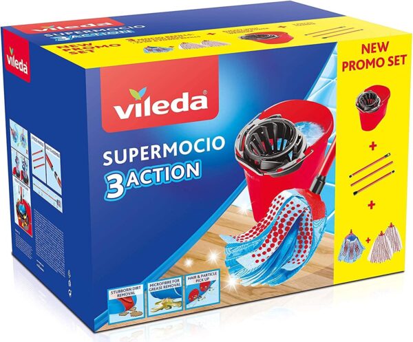 Vileda SuperMocio Box, Sistema Lavapavimenti, Set Con Strizzatore, 2 Fiocchi Microfibra & Power, 1 Fiocco 3Action, Manico 3 Pezzi, ‎Rosso