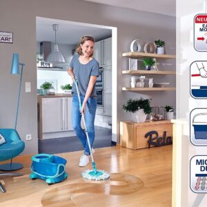 Leifheit Set Clean Twist Disc Mop Ergo mop pavimenti turchese, Lavapavimenti professionale flessibile a 360°, Mop rotante con manico regolabile e rotelle