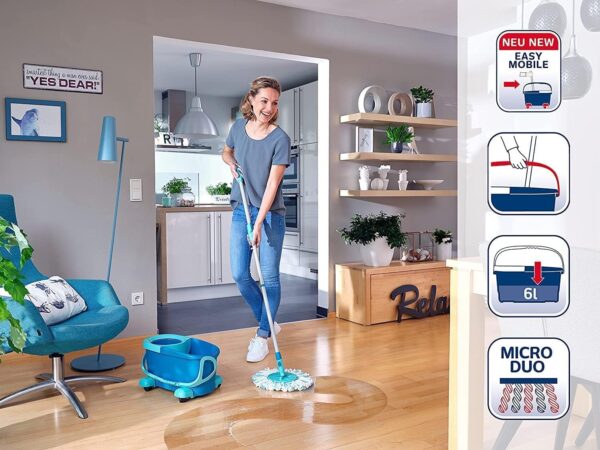 Leifheit Set Clean Twist Disc Mop Ergo mop pavimenti turchese, Lavapavimenti professionale flessibile a 360°, Mop rotante con manico regolabile e rotelle