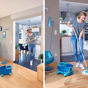 Leifheit Set Clean Twist Disc Mop Ergo mop pavimenti turchese, Lavapavimenti professionale flessibile a 360°, Mop rotante con manico regolabile e rotelle