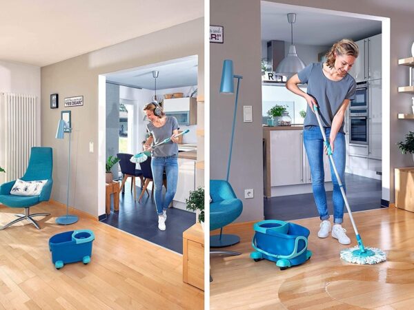 Leifheit Set Clean Twist Disc Mop Ergo mop pavimenti turchese, Lavapavimenti professionale flessibile a 360°, Mop rotante con manico regolabile e rotelle