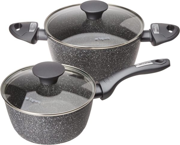 Tognana Mythos, Batteria di pentole e padelle, Set con 3 casseruole, 2 padelle, 1 grill, 3 coperchi, 9 Pezzi, Alluminio, Grigio