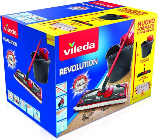 Vileda Revolution box lavapavimenti manuale con sistema di strizzatura completo di secchio palo e 2 panni in microfibra