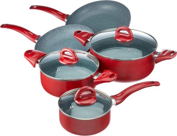 Tognana Rock in Red, Batteria di pentole e padelle, Set con 2 padelle, 3 casseruole, 3 coperchi trasparenti, 8 Pezzi, Alluminio, Rosso