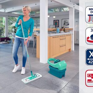 Leifheit Pressa Profi Xl Set Lavapavimenti, Mop Lavapavimenti Con Strizzatore Incorporato, Mop Set Con Rotazione Scopa A 360° E Secchio Con Rotelle, Turquoise, 49 x 29 x 38 cm