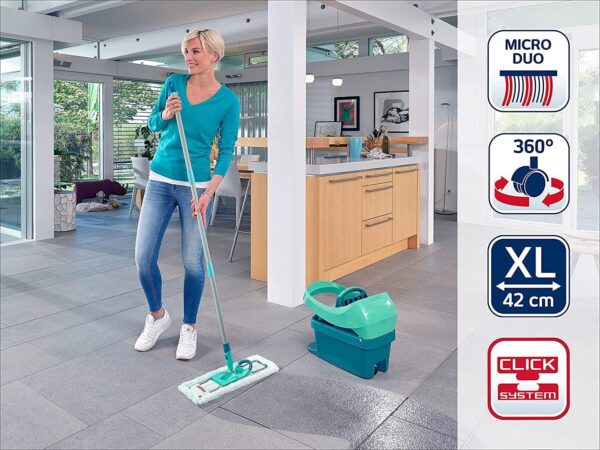 Leifheit Pressa Profi Xl Set Lavapavimenti, Mop Lavapavimenti Con Strizzatore Incorporato, Mop Set Con Rotazione Scopa A 360° E Secchio Con Rotelle, Turquoise, 49 x 29 x 38 cm