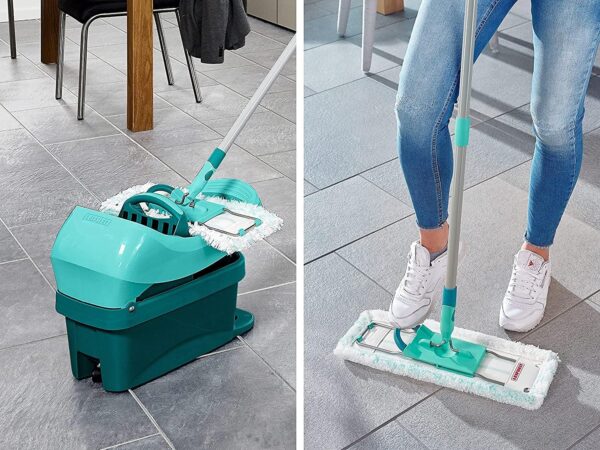 Leifheit Pressa Profi Xl Set Lavapavimenti, Mop Lavapavimenti Con Strizzatore Incorporato, Mop Set Con Rotazione Scopa A 360° E Secchio Con Rotelle, Turquoise, 49 x 29 x 38 cm