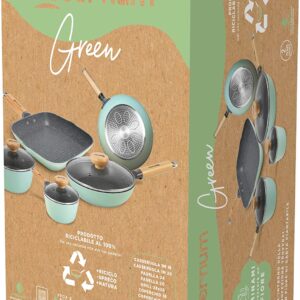 Aeternum Green Induction Wood, Batteria 8 Pezzi, Padelle Antiaderenti, Adatto a Induzione, Manici in Legno di Faggio, Include 3 Padelle, 2 Casseruole, 3 Coperchi, 100% materiali riciclabili, Verde