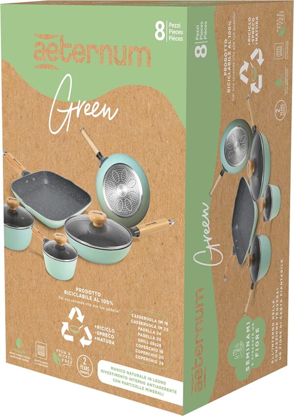 Aeternum Green Induction Wood, Batteria 8 Pezzi, Padelle Antiaderenti, Adatto a Induzione, Manici in Legno di Faggio, Include 3 Padelle, 2 Casseruole, 3 Coperchi, 100% materiali riciclabili, Verde