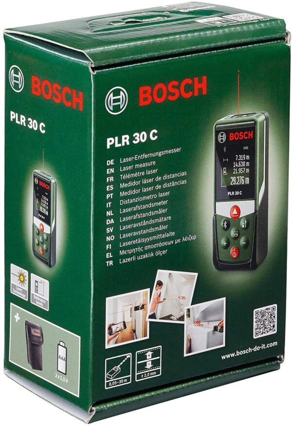 Distanziometro laser Bosch PLR 30 C (con funzione app, campo di misurazione: 0,05–30m, precisione: ± 2 mm, in confezione in cartone)