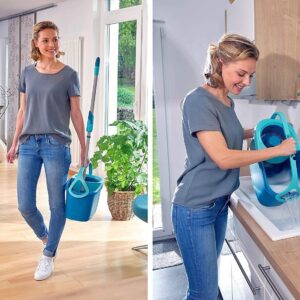 Leifheit Set Clean Twist Disc Mop Ergo mop pavimenti turchese, Lavapavimenti professionale flessibile a 360°, Mop rotante con manico regolabile e rotelle