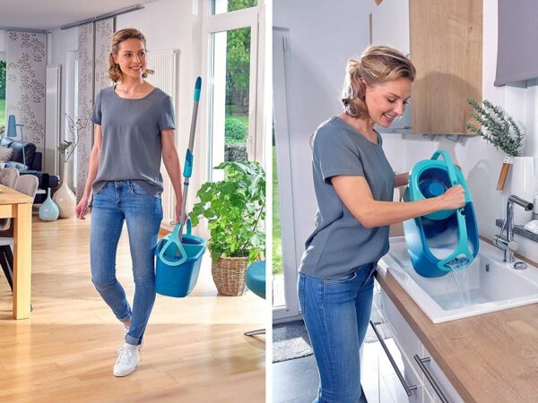 Leifheit Set Clean Twist Disc Mop Ergo mop pavimenti turchese, Lavapavimenti professionale flessibile a 360°, Mop rotante con manico regolabile e rotelle