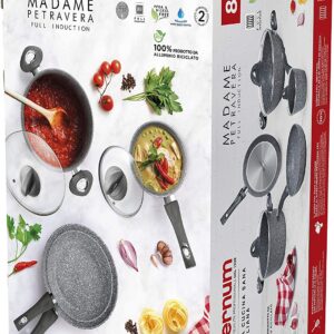 Aeternum, Madame Petravera 3.0, Batteria 8 pezzi, 2 padelle 20-24 cm, 2 casseruole 16-20 cm, 1 tegame 28 cm, 3 coperchi 16-20-28 cm, Ideale per Induzione, Full Induction, Grigio