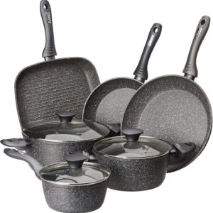 Tognana Mythos, Batteria di pentole e padelle, Set con 3 casseruole, 2 padelle, 1 grill, 3 coperchi, 9 Pezzi, Alluminio, Grigio