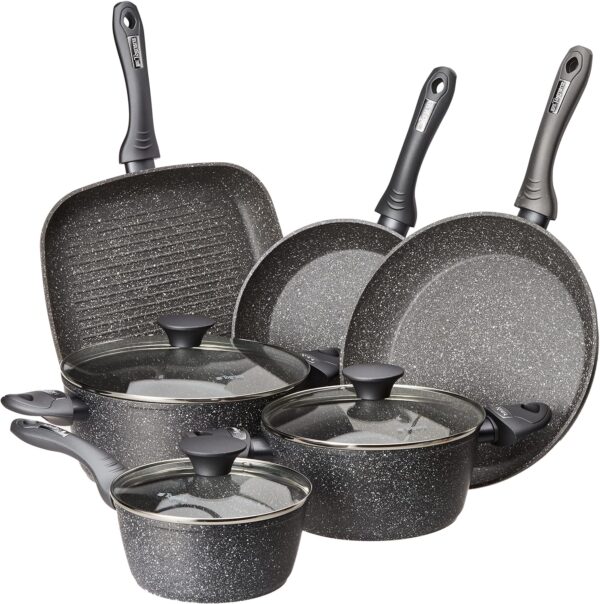 Tognana Mythos, Batteria di pentole e padelle, Set con 3 casseruole, 2 padelle, 1 grill, 3 coperchi, 9 Pezzi, Alluminio, Grigio