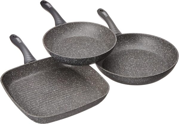 Tognana Mythos, Batteria di pentole e padelle, Set con 3 casseruole, 2 padelle, 1 grill, 3 coperchi, 9 Pezzi, Alluminio, Grigio