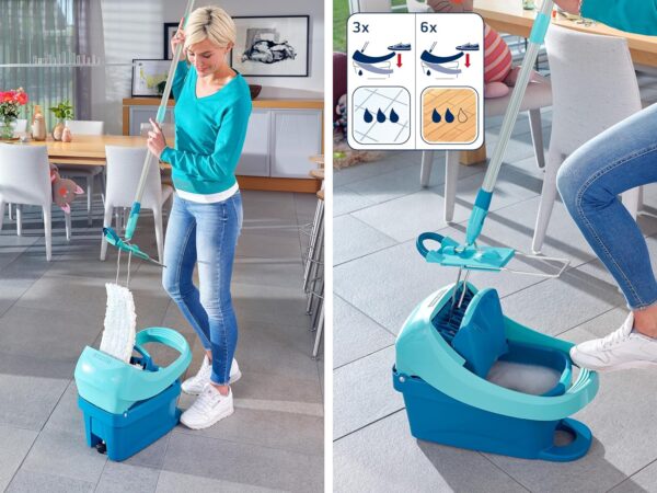 Leifheit Pressa Profi Xl Set Lavapavimenti, Mop Lavapavimenti Con Strizzatore Incorporato, Mop Set Con Rotazione Scopa A 360° E Secchio Con Rotelle, Turquoise, 49 x 29 x 38 cm