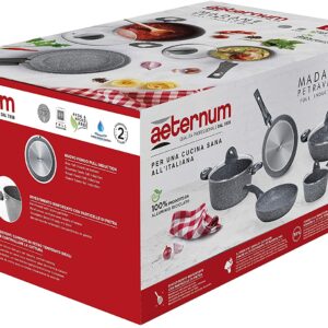 Aeternum, Madame Petravera 3.0, Batteria 8 pezzi, 2 padelle 20-24 cm, 2 casseruole 16-20 cm, 1 tegame 28 cm, 3 coperchi 16-20-28 cm, Ideale per Induzione, Full Induction, Grigio