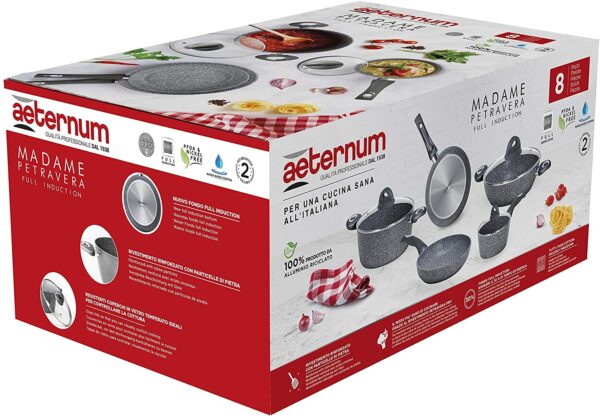 Aeternum, Madame Petravera 3.0, Batteria 8 pezzi, 2 padelle 20-24 cm, 2 casseruole 16-20 cm, 1 tegame 28 cm, 3 coperchi 16-20-28 cm, Ideale per Induzione, Full Induction, Grigio