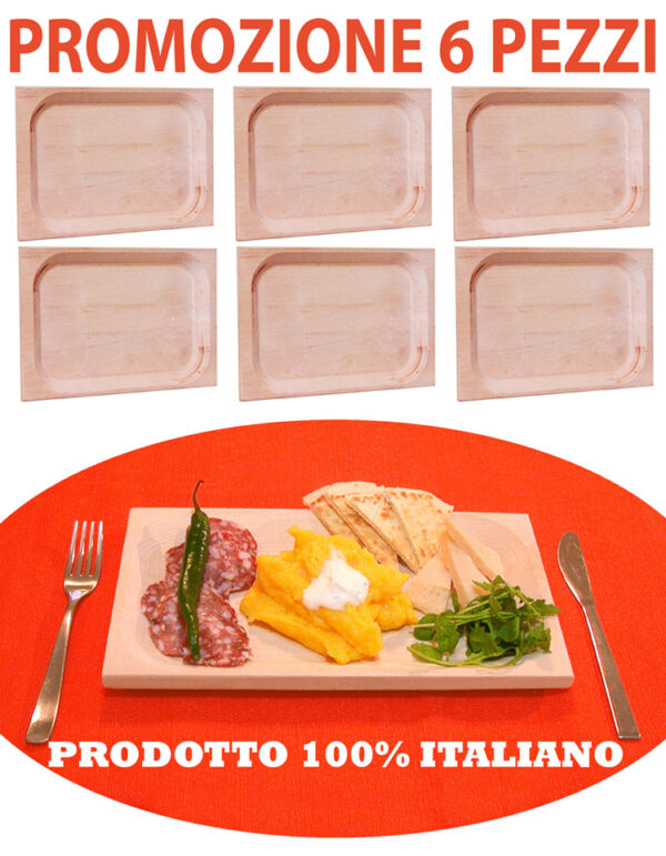 6 pz di Piatto vassoio tagliere scifetta per polenta alimenti in legno di faggio naturale rettangolare stuzzichini salumi e affettati