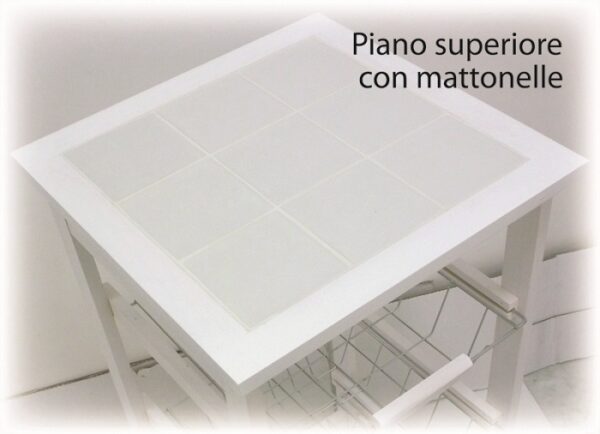 Carrello da cucina in legno Bianco con ruote e piano in ceramica