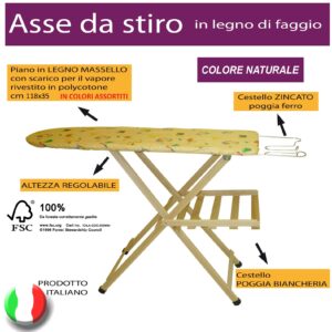 Asse tavola da stiro in legno di faggio naturale piano 118X35 cm regolabile in 3 altezze poggia ferro in acciaio e porta biancheria gommini antiscivolo