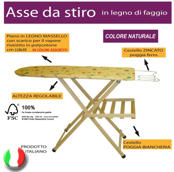 Asse tavola da stiro in legno di faggio naturale piano 118X35 cm regolabile in 3 altezze poggia ferro in acciaio e porta biancheria gommini antiscivolo