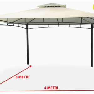 Gazebo da giardino impermeabile ecrù in metallo nero satinato 3x4 metri e doppio tetto anti vento pali portanti 6x6 cm