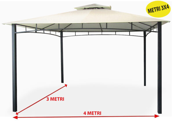 Gazebo da giardino impermeabile ecrù in metallo nero satinato 3x4 metri e doppio tetto anti vento pali portanti 6x6 cm